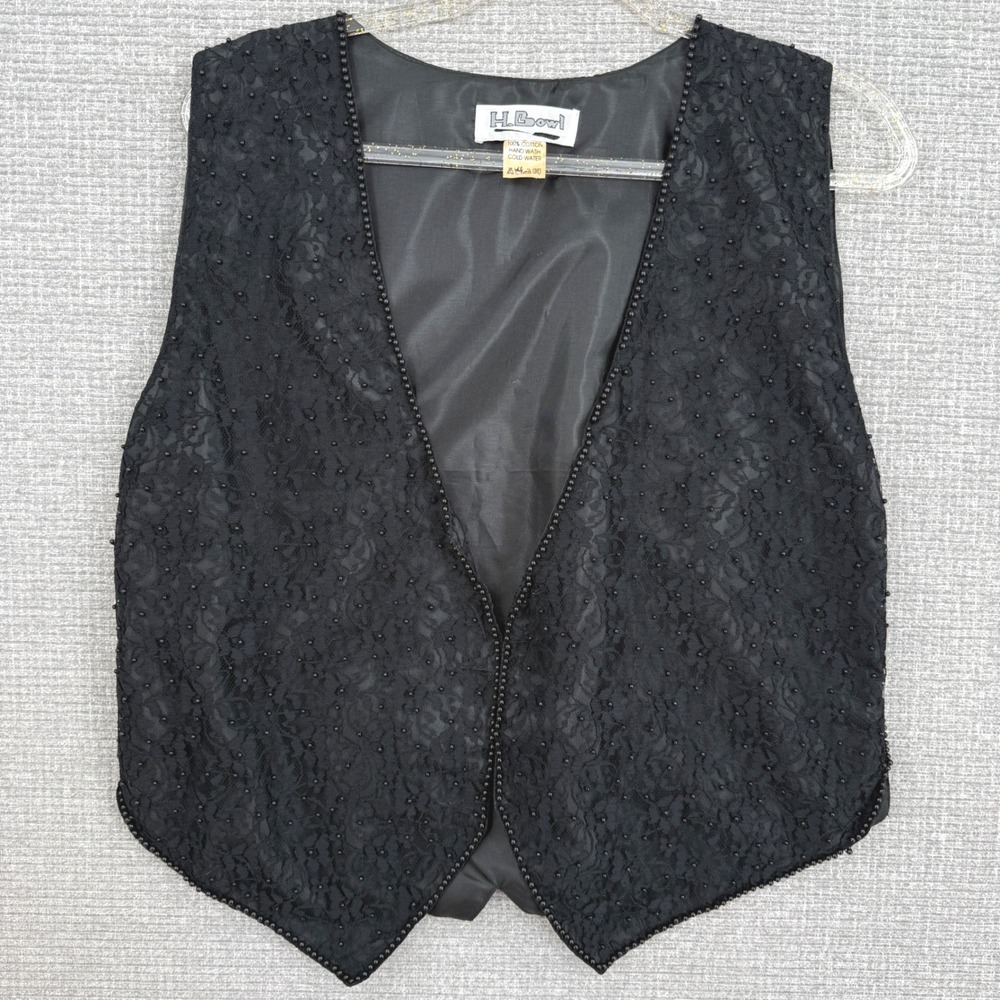 Vtg Y2K H.Bowl Black Lace Beaded 100% Cotton Vest Women's Sleeveless‎ Top Whimsy
